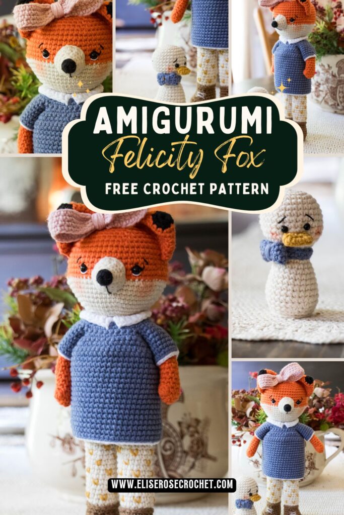 crochet fox in blue dress with crochet pet duck
