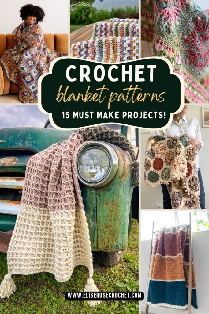 Pinterest collage featuring six crochet blanket photographs, including colorful granny squares, textured blankets, and geometric designs. Center text reads “Crochet blanket patterns — 15 must make projects!” 