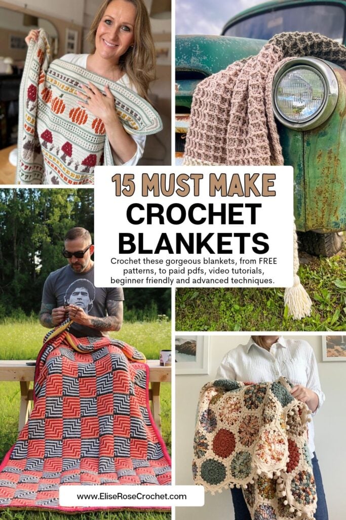 Pinterest collage showing four crochet blankets, including an autumn motif blanket, a pink textured blanket on a vintage truck, a red geometric blanket, and a colorful floral granny square blanket. Center text reads “15 Must Make Crochet Blankets.”