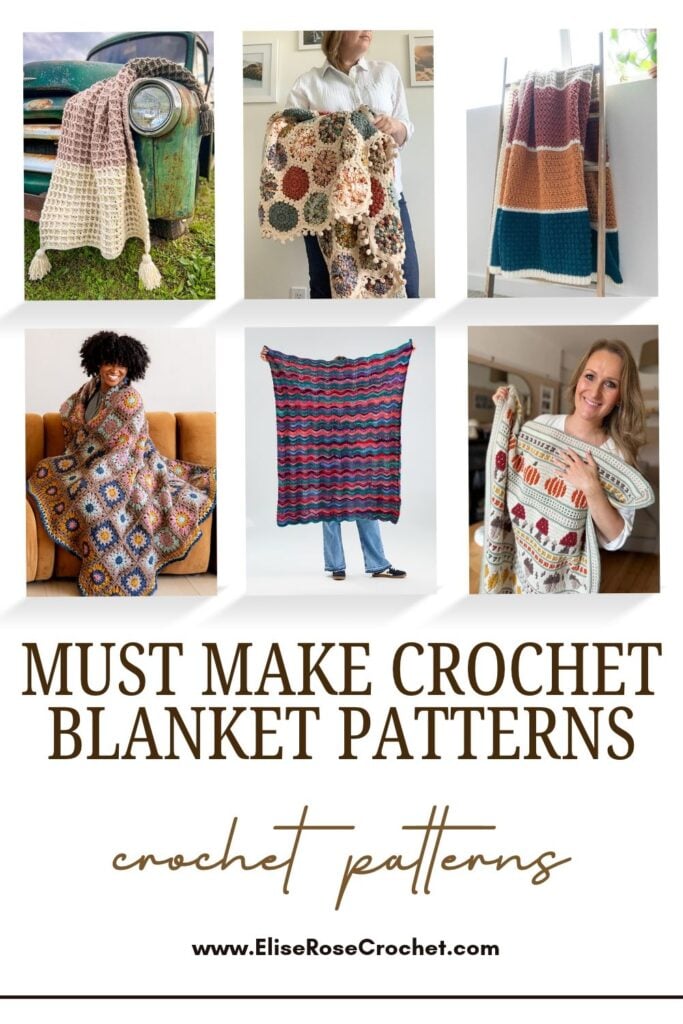 White Pinterest graphic displaying six crochet blanket photographs in a two-row grid, including textured throws, colorful ripple stripes, granny squares, and an autumn-themed blanket. Large brown text reads “Must Make Crochet Blanket Patterns.”
