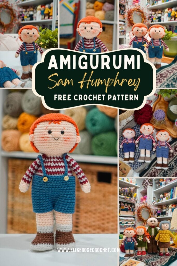 Collage of Sam Humphrey amigurumi boy doll photographs, three finished dolls, and the Humphrey family, advertising a free crochet pattern.