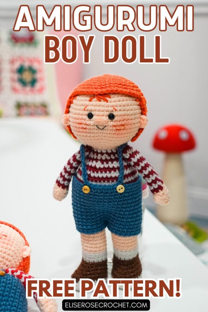 Sam Humphrey amigurumi boy doll with orange hair, striped shirt, and blue overalls, featuring free crochet pattern text.
